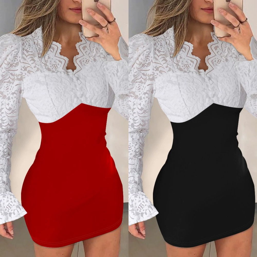 ZARA Slim Fit Waist Cinching Collar Lace Patchwork Pencil Dress Office